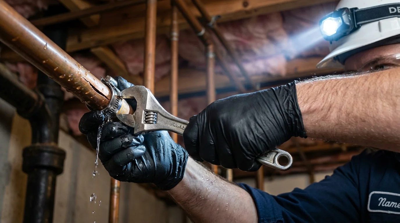 Emergency pipe clamp repair being performed by a Johns Plumbing LLC plumber in Solomon