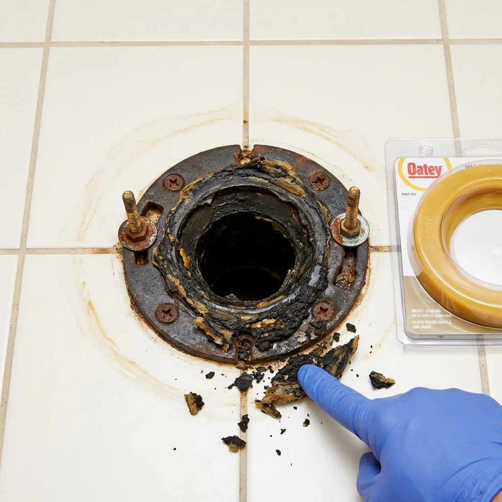 Failed wax ring showing water seepage at the base of a toilet in a Solomon, KS home