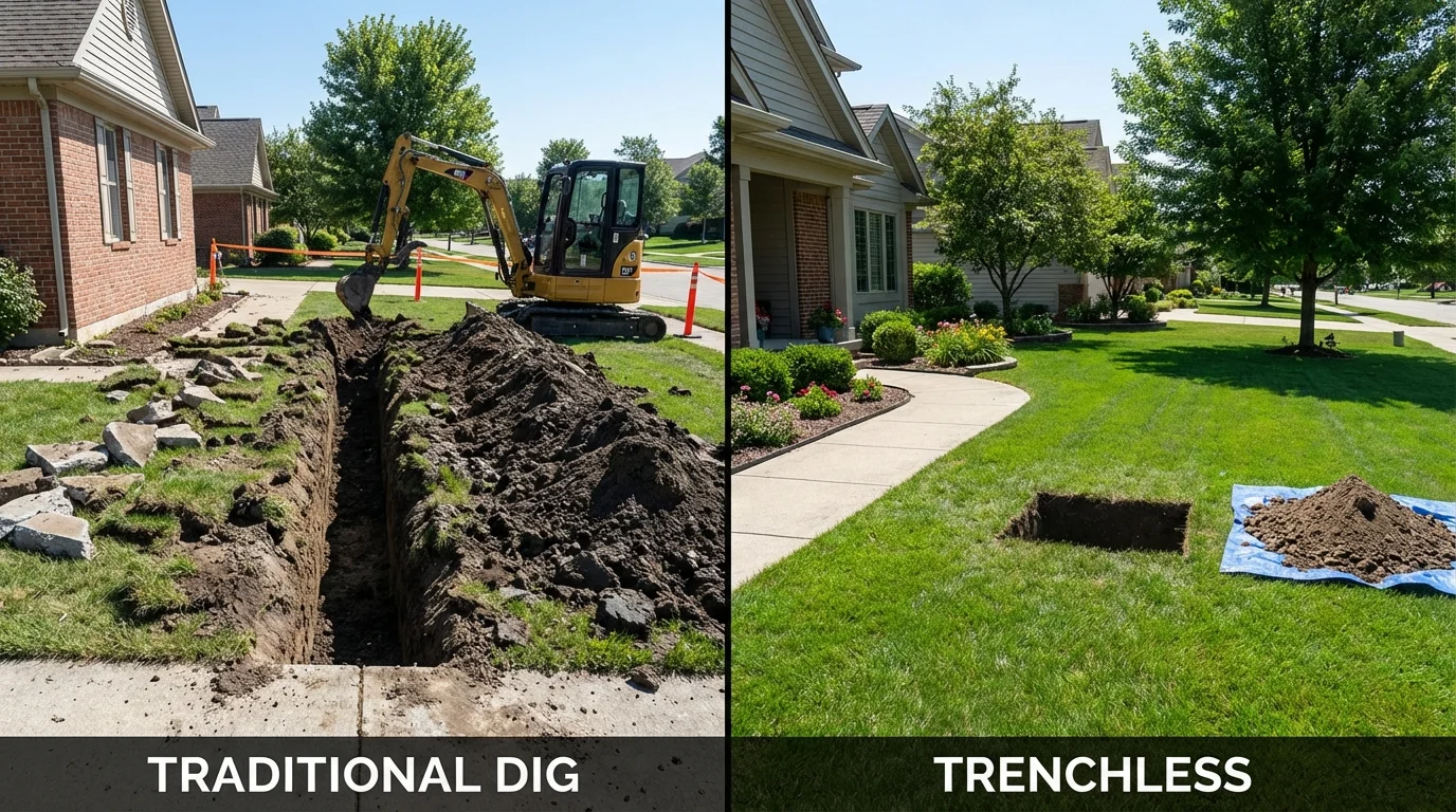 Trenchless sewer repair with minimal yard damage versus traditional excavation in Solomon, KS