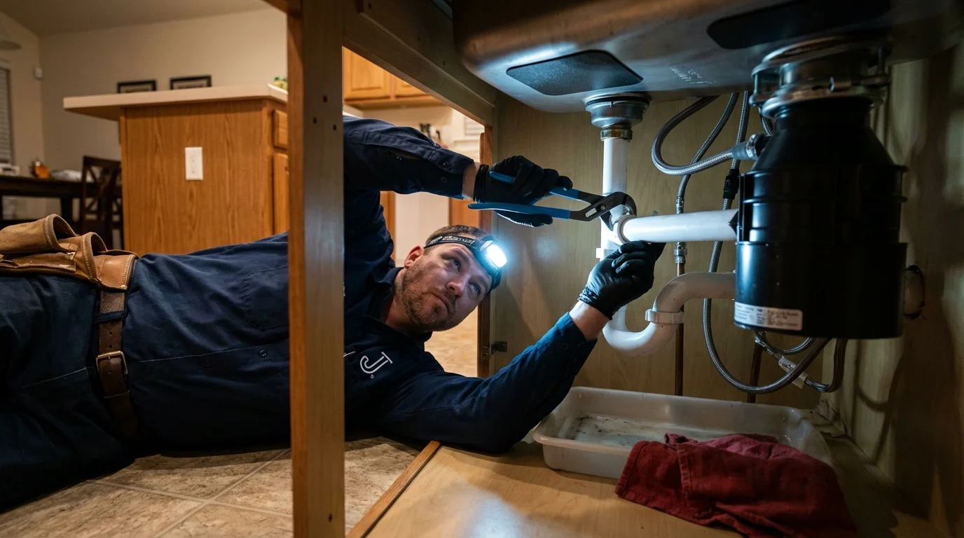 P-trap and supply line connections under a kitchen sink showing a common leak point in Solomon, KS